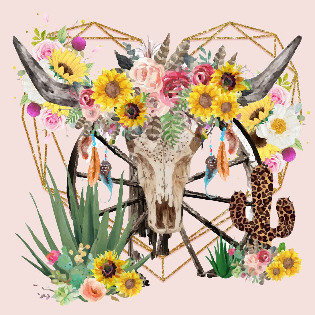 Design 226 Floral Bull Skull Panel – full artwork close-up of the printed picture | Fabric by Missy Rose