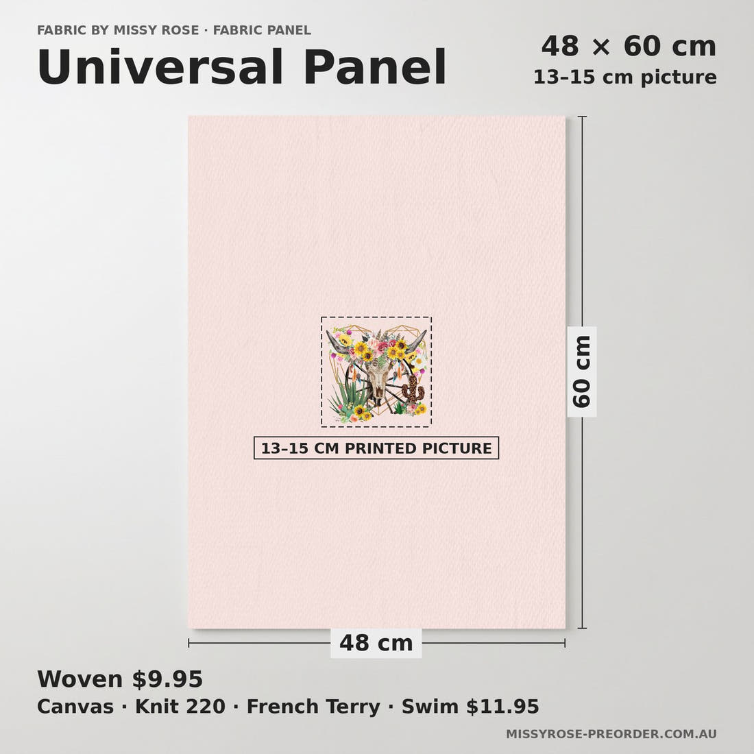 Design 226 Floral Bull Skull Panel universal panel sizing – 13–15 cm printed picture on 48 × 60 cm fabric | Fabric by Missy Rose