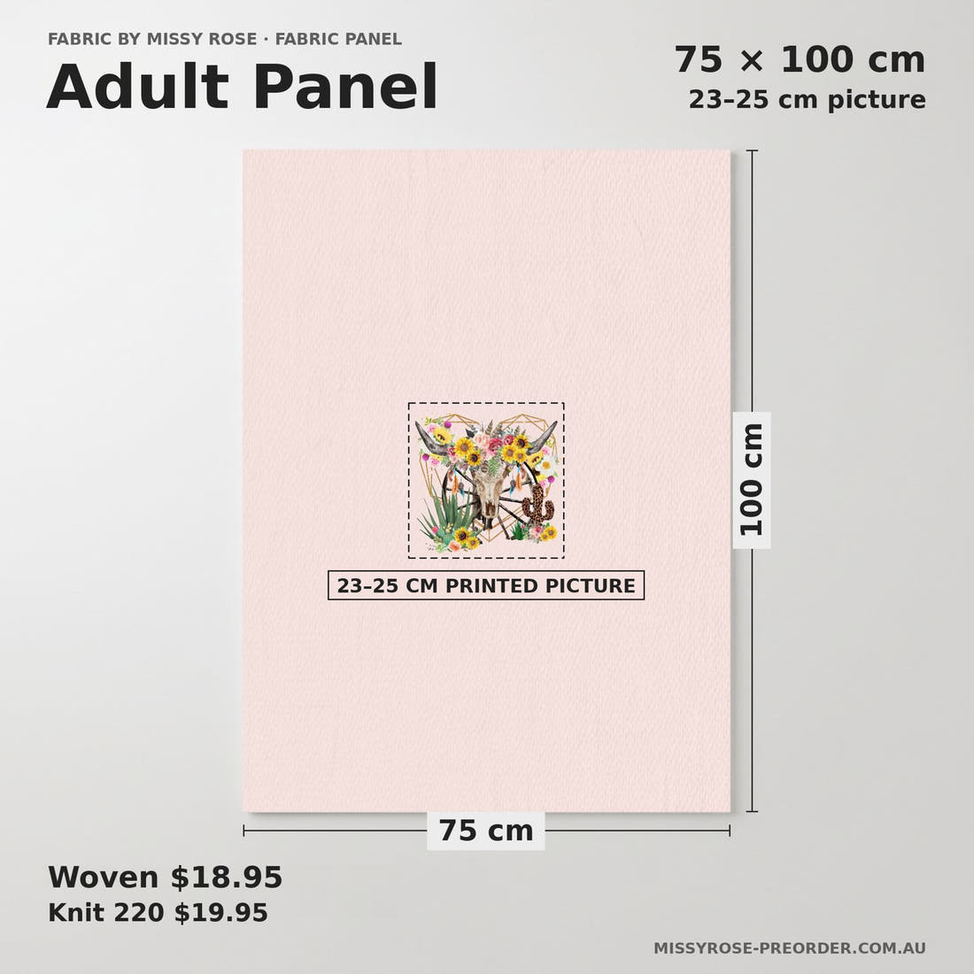 Design 226 Floral Bull Skull Panel adult panel sizing – 23–25 cm printed picture on 75 × 100 cm fabric | Fabric by Missy Rose
