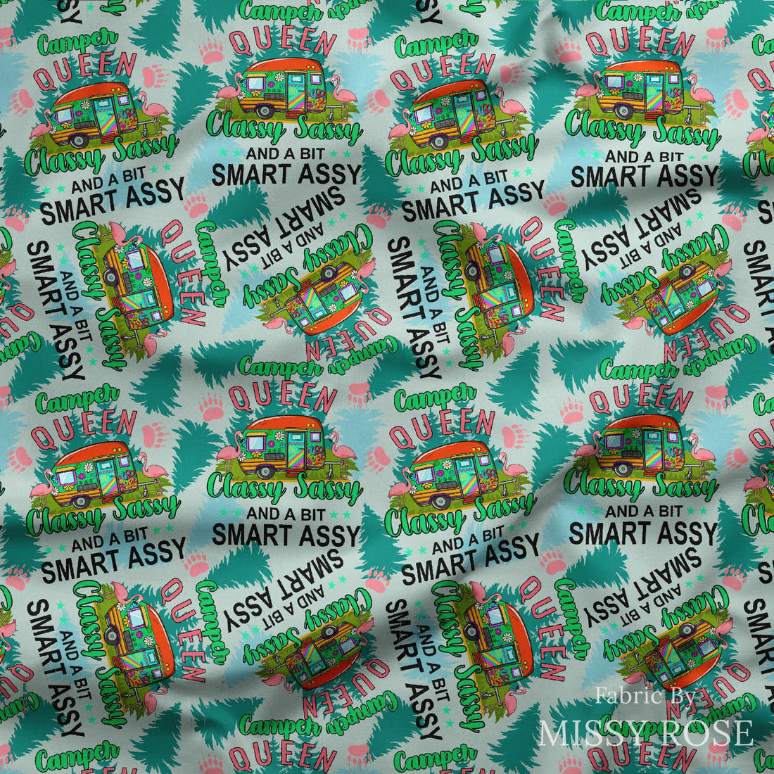 Design 227 Camper Queen Fabric draped fabric mockup – custom printed fabric by the metre | Fabric by Missy Rose