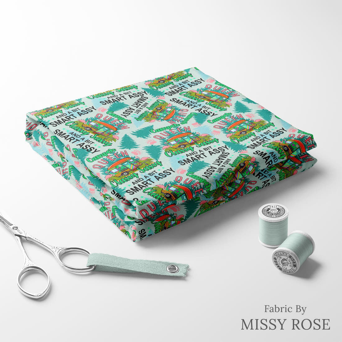 Design 227 Camper Queen Fabric folded fabric stack with matching thread – pre-order fabric Australia | Fabric by Missy Rose