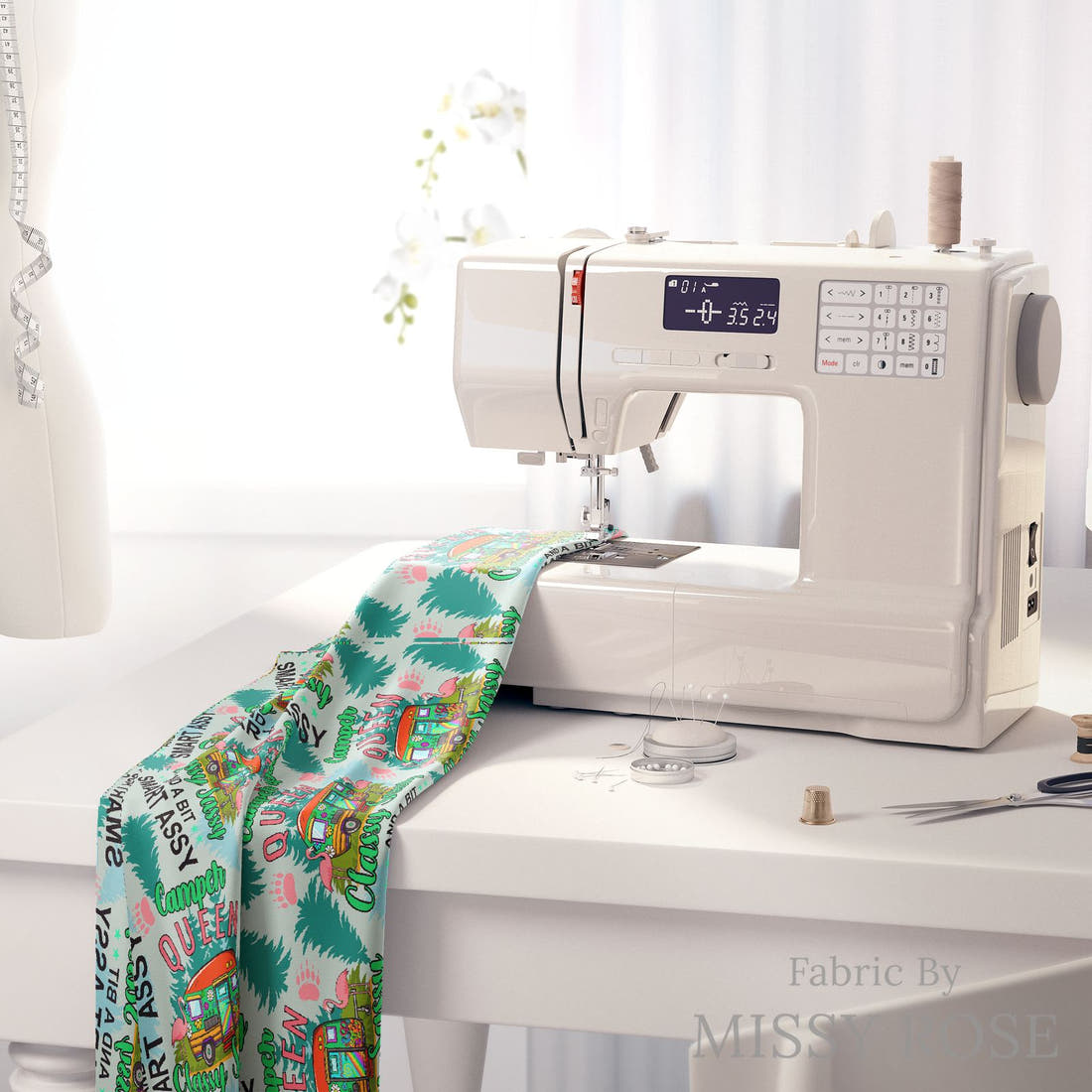 Design 227 Camper Queen Fabric on a sewing machine – premium fabric for sewing projects | Fabric by Missy Rose