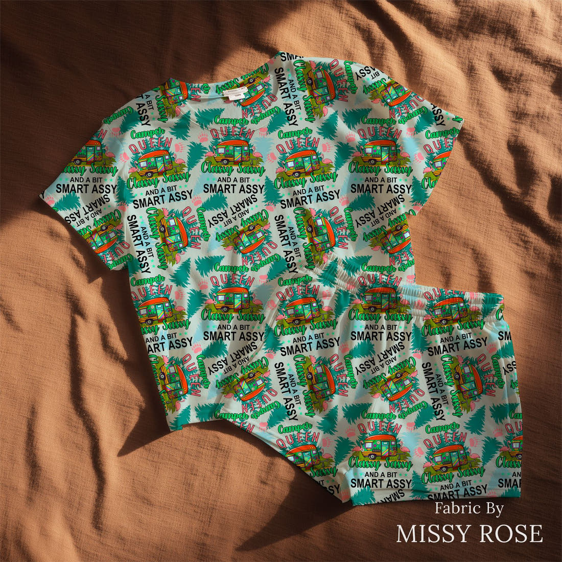 Design 227 Camper Queen Fabric sewn into a lounge set – see how the print looks made up | Fabric by Missy Rose