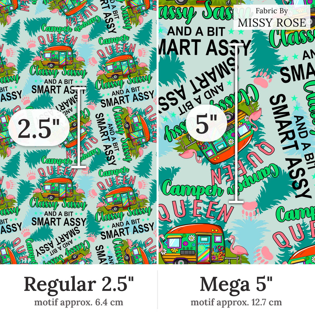 Design 227 Camper Queen Fabric Regular 2.5 inch vs Mega 5 inch print scale side by side | Fabric by Missy Rose