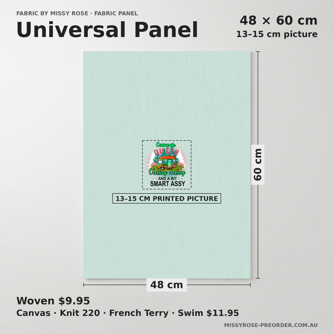 Design 227 Camper Queen Panel universal panel sizing – 13–15 cm printed picture on 48 × 60 cm fabric | Fabric by Missy Rose