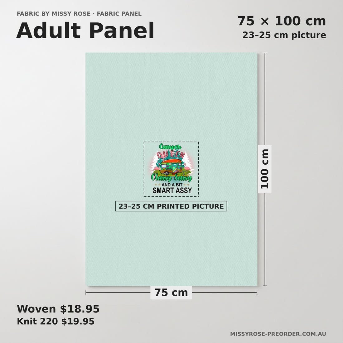 Design 227 Camper Queen Panel adult panel sizing – 23–25 cm printed picture on 75 × 100 cm fabric | Fabric by Missy Rose