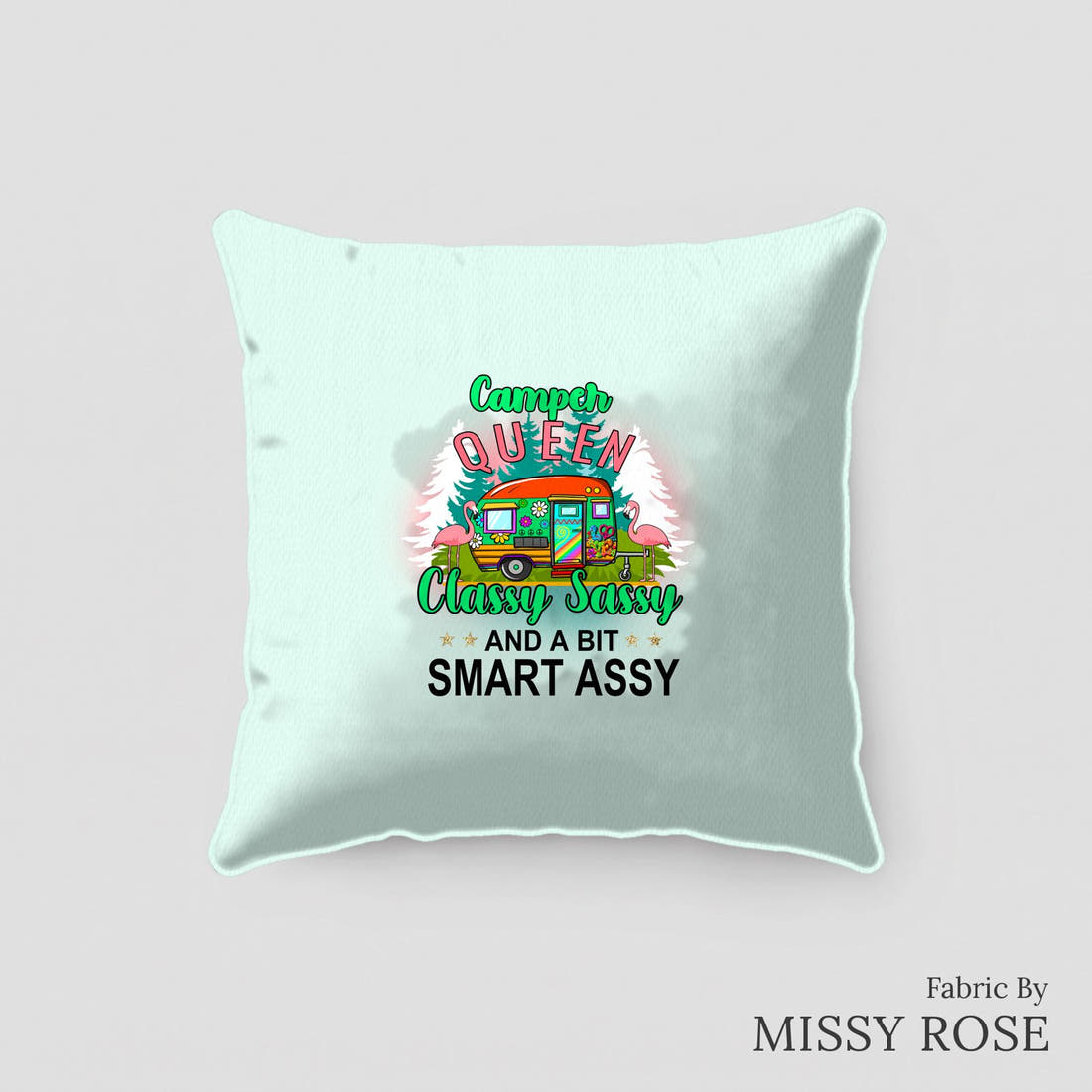 Design 227 Camper Queen Panel sewn into a cushion – see how the panel looks made up | Fabric by Missy Rose