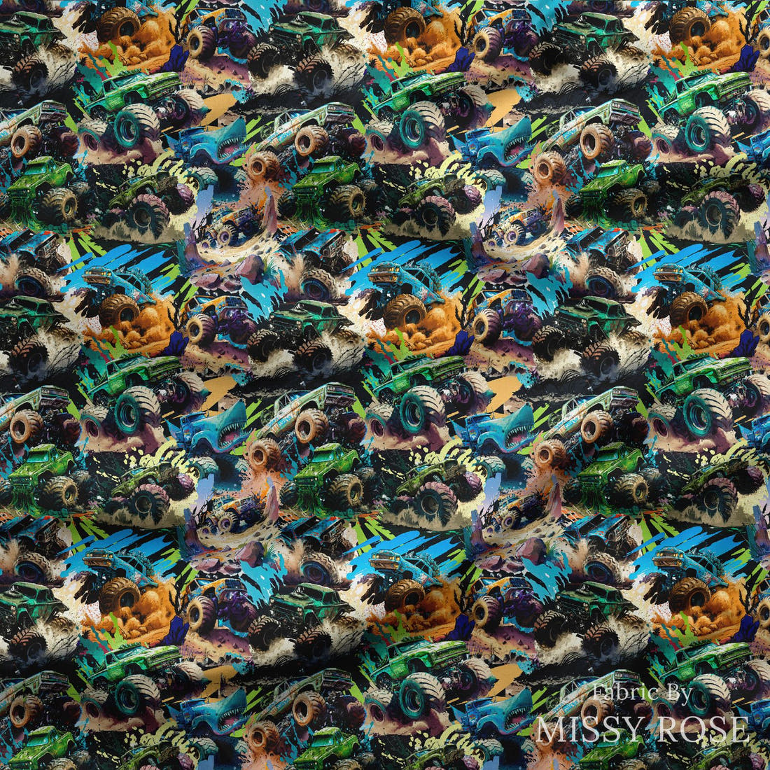 Design 228 Monster Truck Fabric draped fabric mockup – custom printed fabric by the metre | Fabric by Missy Rose