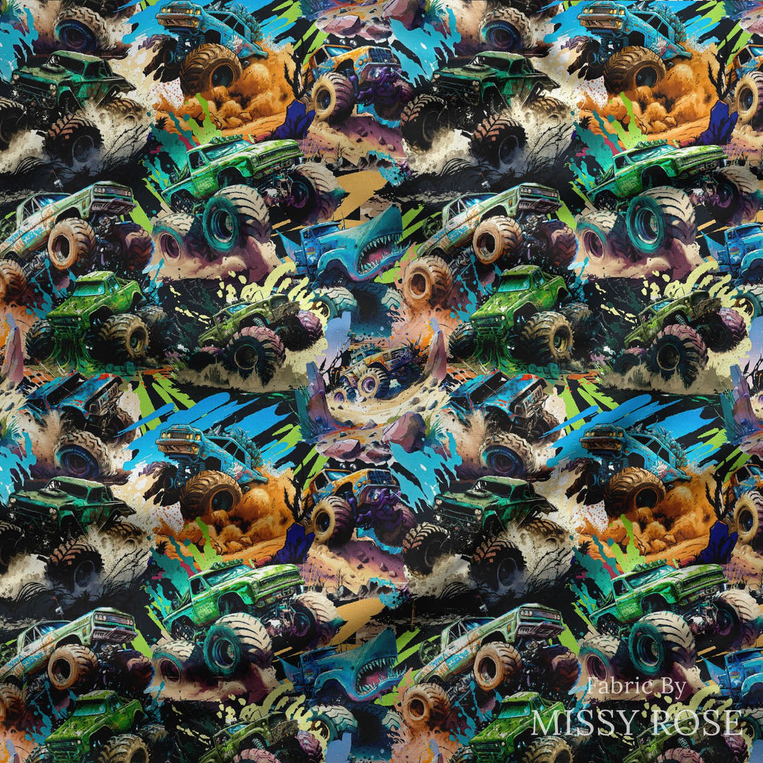 Design 228 Monster Truck Fabric draped fabric mockup – custom printed fabric by the metre | Fabric by Missy Rose