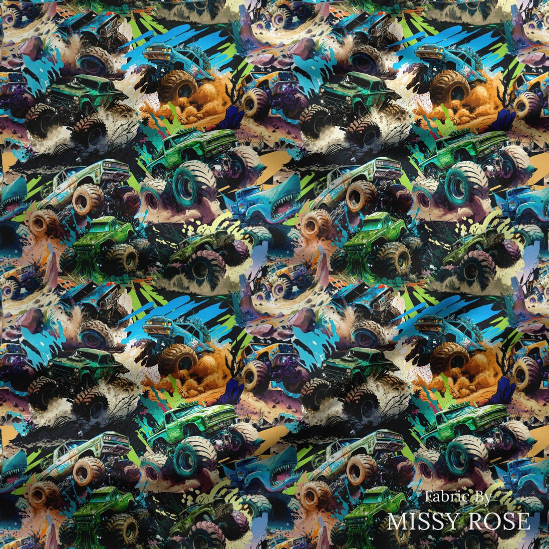 Design 228 Monster Truck Fabric draped fabric mockup – custom printed fabric by the metre | Fabric by Missy Rose
