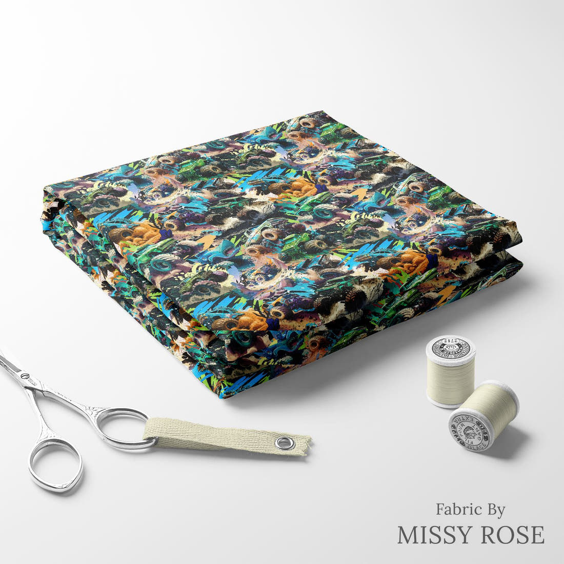 Design 228 Monster Truck Fabric folded fabric stack with matching thread – pre-order fabric Australia | Fabric by Missy Rose
