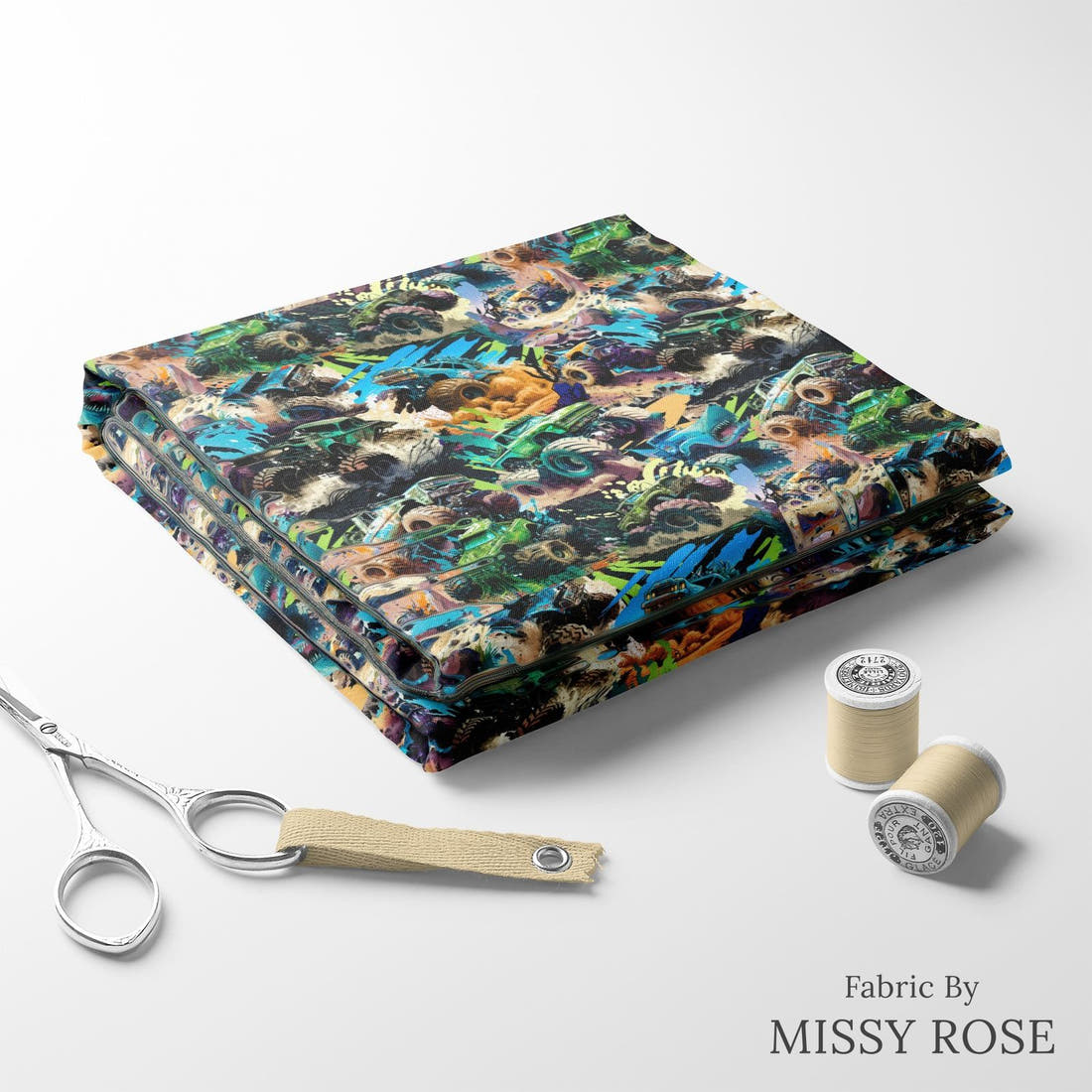 Design 228 Monster Truck Fabric folded fabric stack with matching thread – pre-order fabric Australia | Fabric by Missy Rose