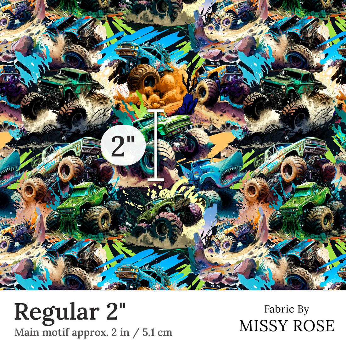 Design 228 Monster Truck Fabric Regular 2 inch print scale guide | Fabric by Missy Rose