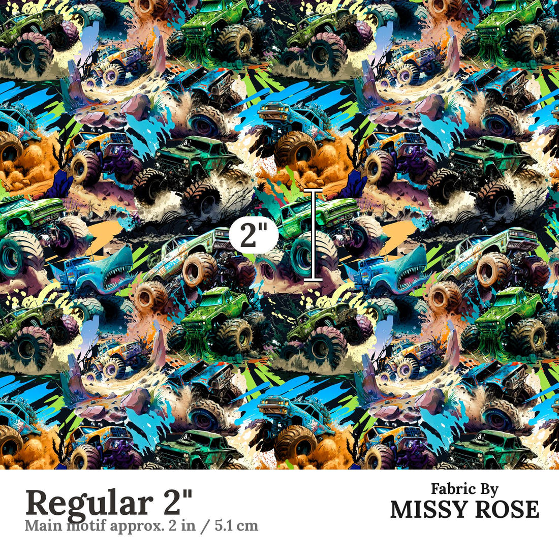 Design 228 Monster Truck Fabric Regular 2" - print scale | Fabric by Missy Rose