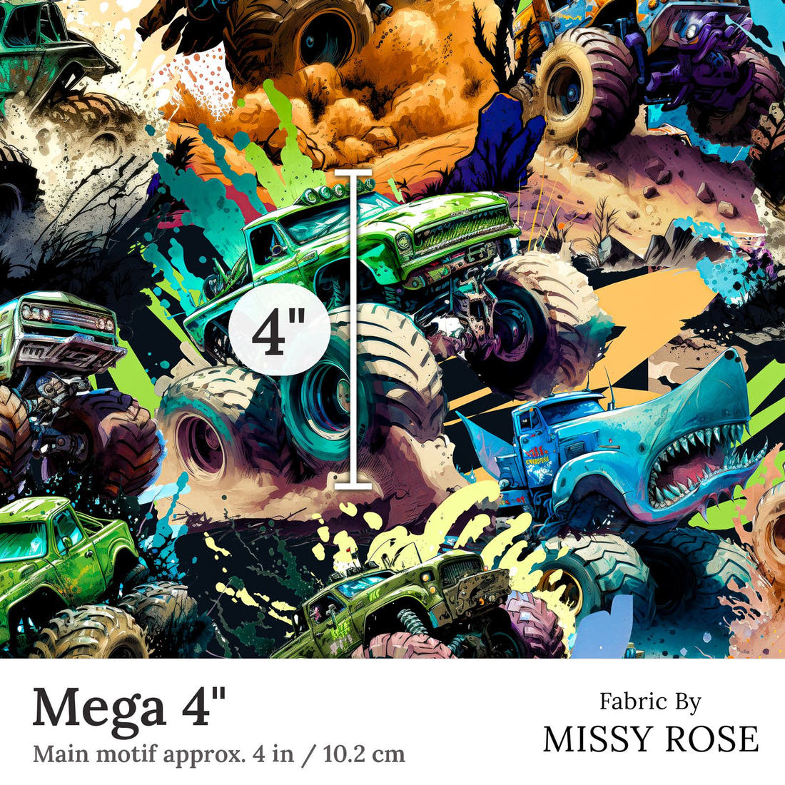 Design 228 Monster Truck Fabric Mega 4 inch print scale guide | Fabric by Missy Rose