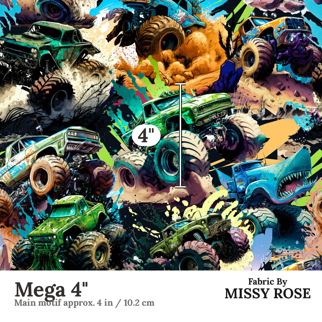 Design 228 Monster Truck Fabric Mega 4" - print scale | Fabric by Missy Rose