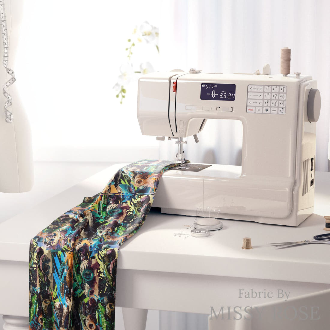 Design 228 Monster Truck Fabric on a sewing machine – premium fabric for sewing projects | Fabric by Missy Rose