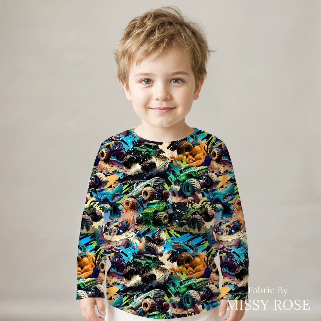 Design 228 Monster Truck Fabric sewn into a kids' long sleeve top – see how the print looks made up | Fabric by Missy Rose