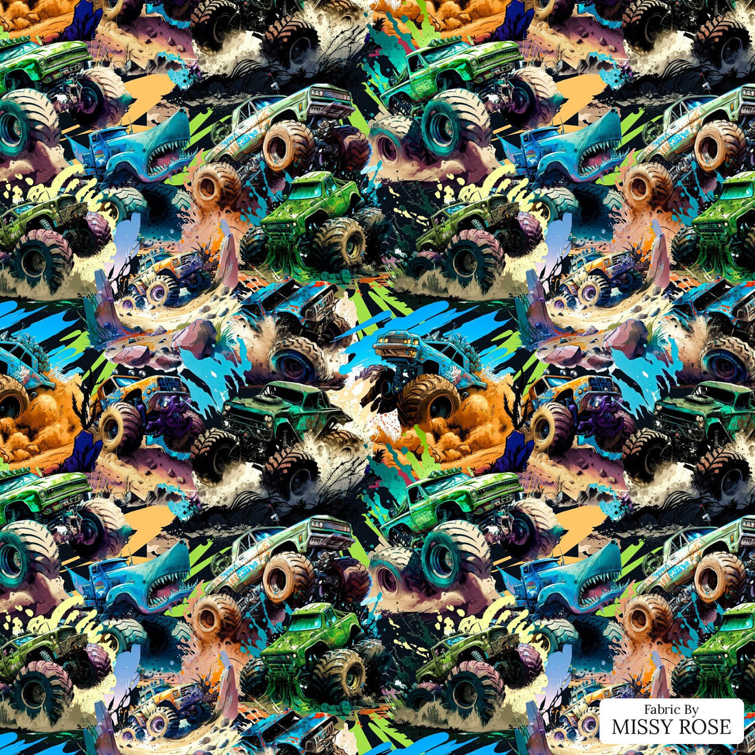 Design 228 Monster Truck Fabric - flat view of the print, zoom in for detail | Fabric by Missy Rose