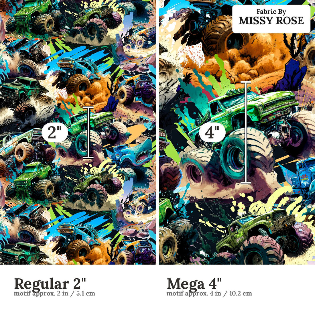 Design 228 Monster Truck Fabric size comparison - print scale | Fabric by Missy Rose