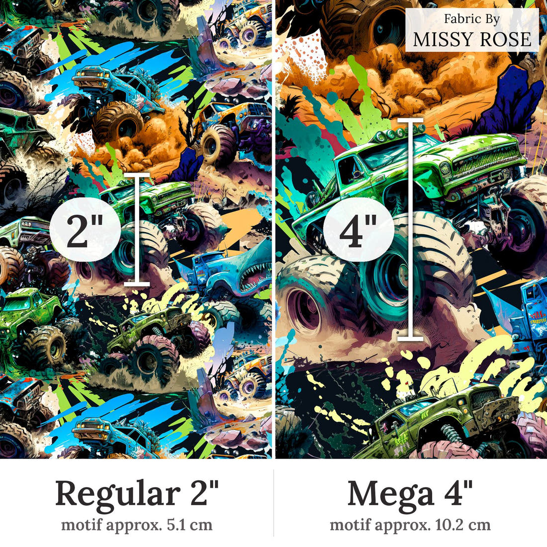 Design 228 Monster Truck Fabric Regular 2 inch vs Mega 4 inch print scale side by side | Fabric by Missy Rose