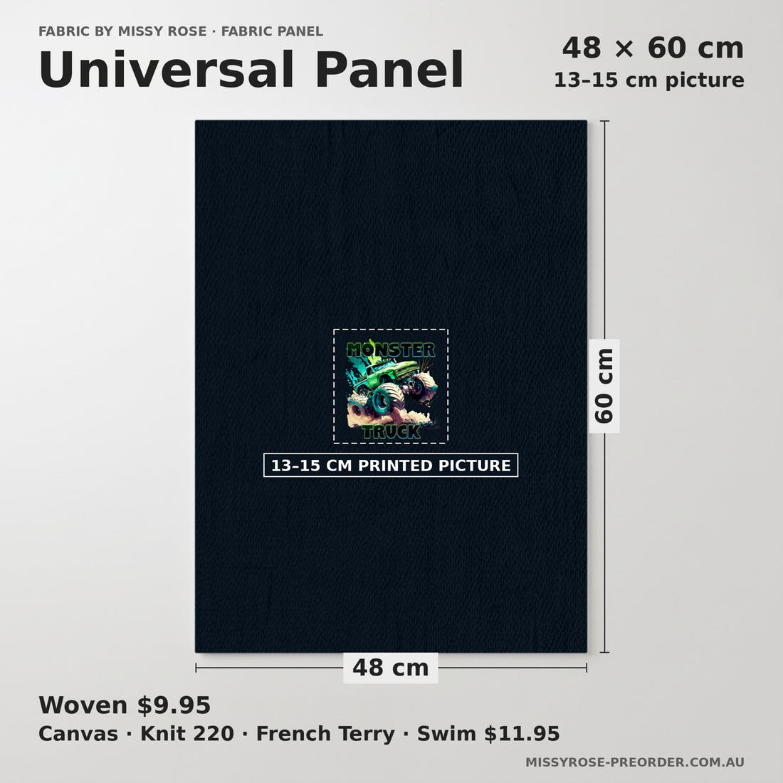 Design 228 Monster Truck Panel universal panel sizing – 13–15 cm printed picture on 48 × 60 cm fabric | Fabric by Missy Rose
