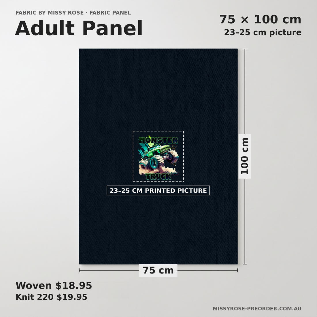 Design 228 Monster Truck Panel adult panel sizing – 23–25 cm printed picture on 75 × 100 cm fabric | Fabric by Missy Rose