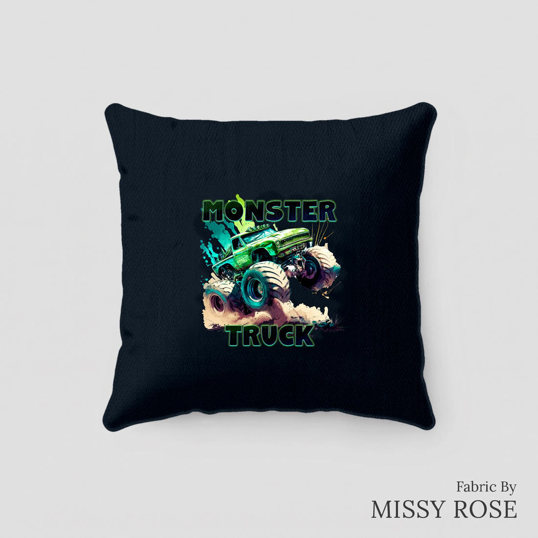 Design 228 Monster Truck Panel sewn into a cushion – see how the panel looks made up | Fabric by Missy Rose