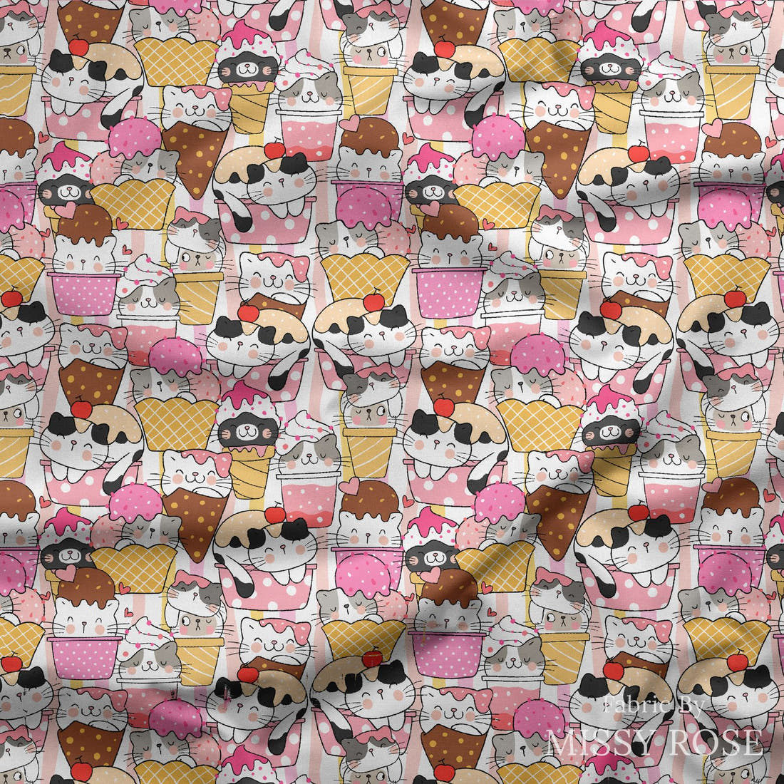 Design 229 Ice Cream Kitties Fabric draped fabric mockup – custom printed fabric by the metre | Fabric by Missy Rose