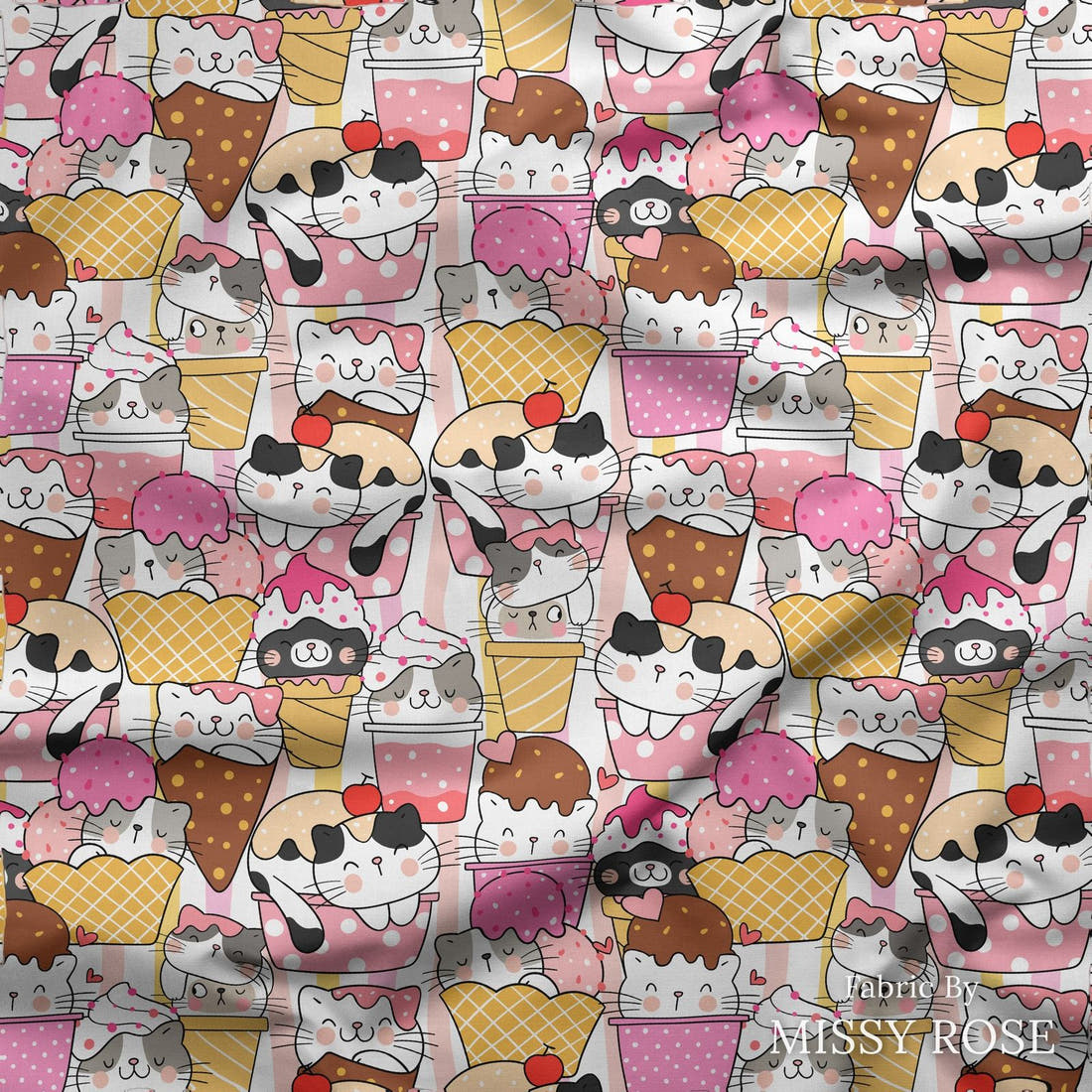 Design 229 Ice Cream Kitties Fabric draped fabric mockup – custom printed fabric by the metre | Fabric by Missy Rose