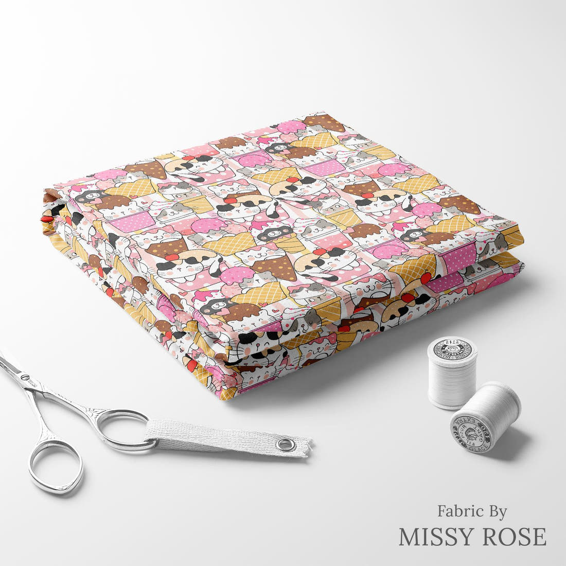 Design 229 Ice Cream Kitties Fabric folded fabric stack with matching thread – pre-order fabric Australia | Fabric by Missy Rose