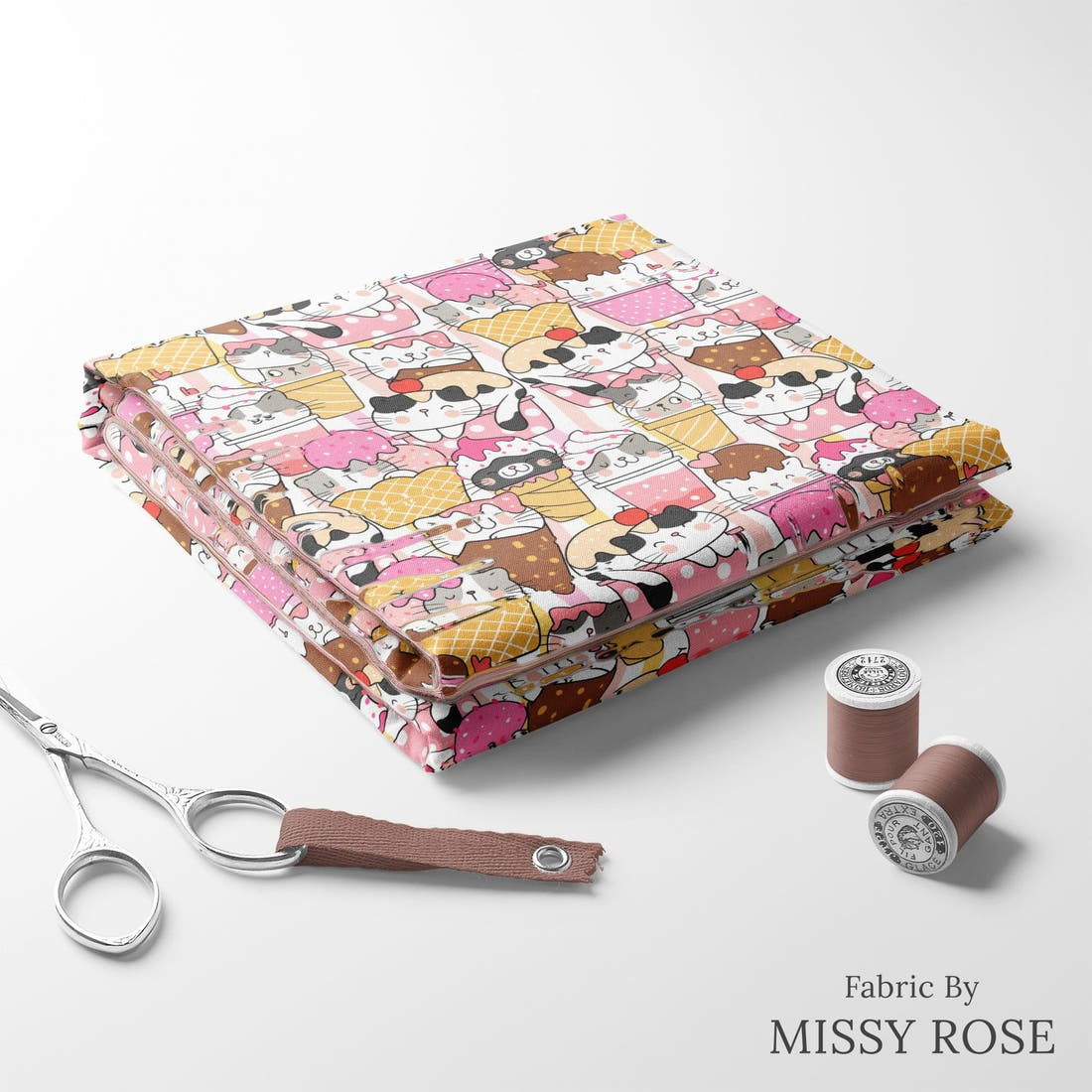 Design 229 Ice Cream Kitties Fabric folded fabric stack with matching thread – pre-order fabric Australia | Fabric by Missy Rose