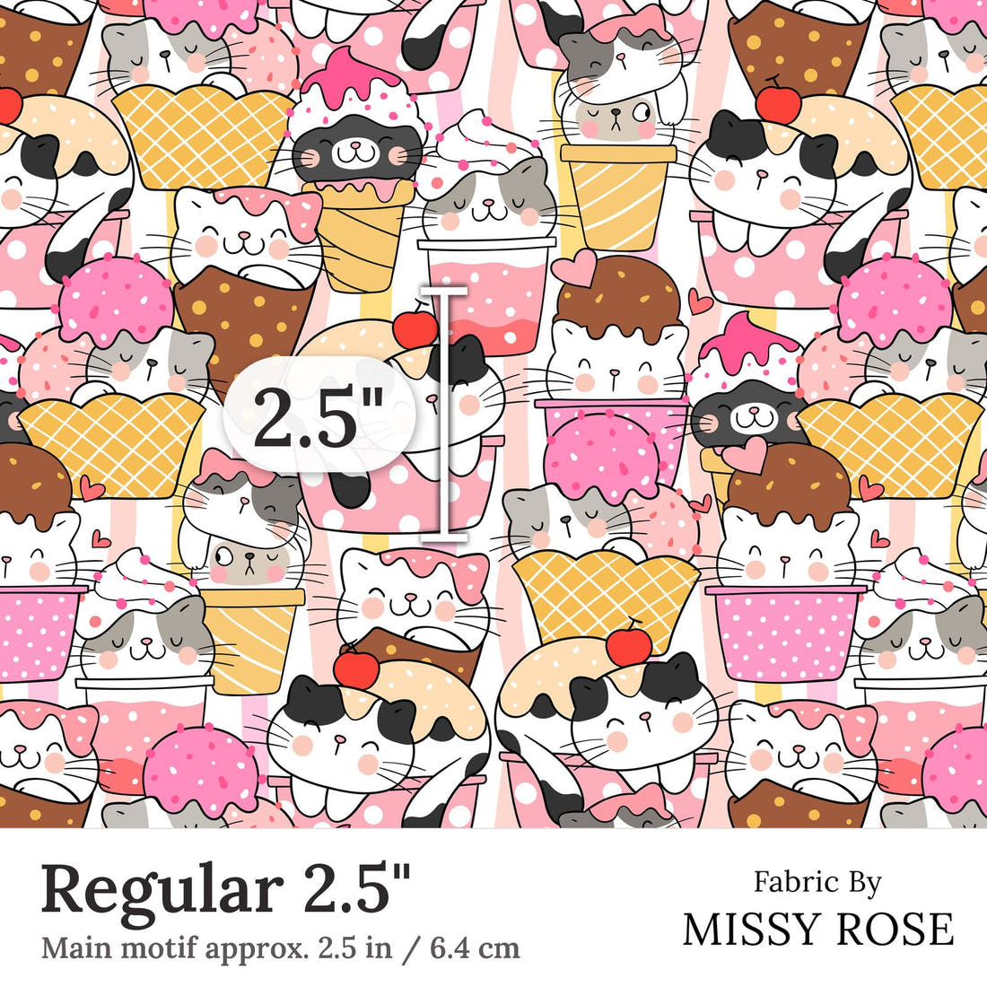 Design 229 Ice Cream Kitties Fabric Regular 2.5 inch print scale guide | Fabric by Missy Rose