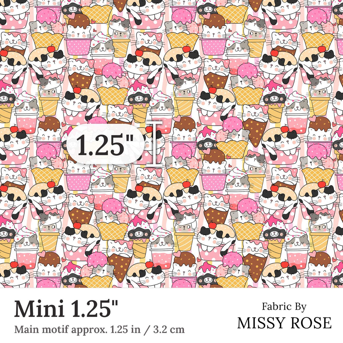 Design 229 Ice Cream Kitties Fabric Mini 1.25 inch print scale guide | Fabric by Missy Rose