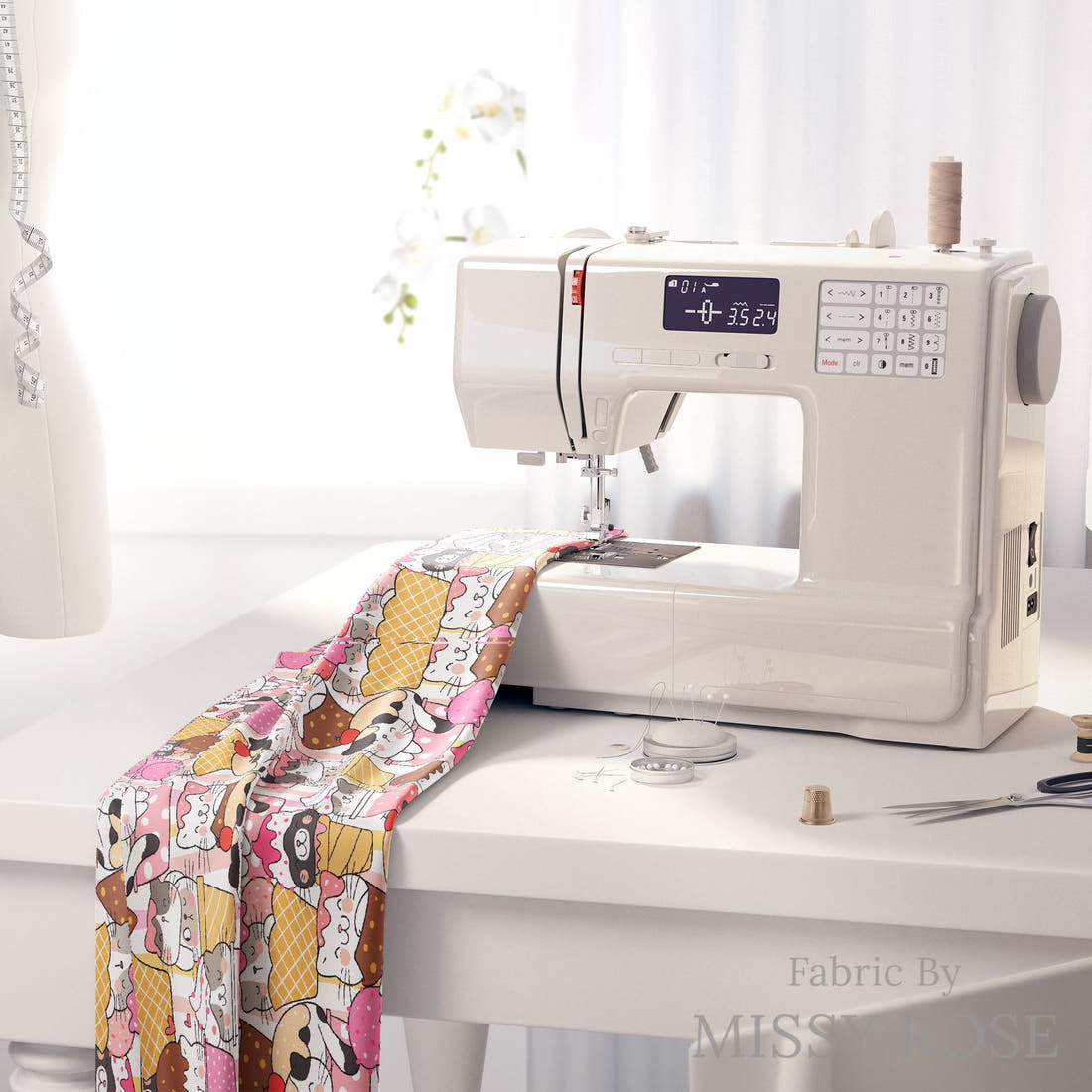 Design 229 Ice Cream Kitties Fabric on a sewing machine – premium fabric for sewing projects | Fabric by Missy Rose