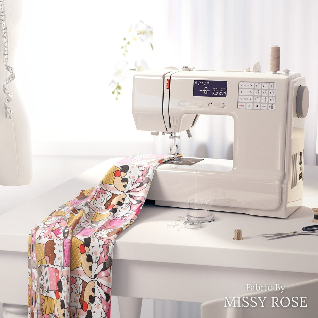 Design 229 Ice Cream Kitties Fabric on a sewing machine – premium fabric for sewing projects | Fabric by Missy Rose