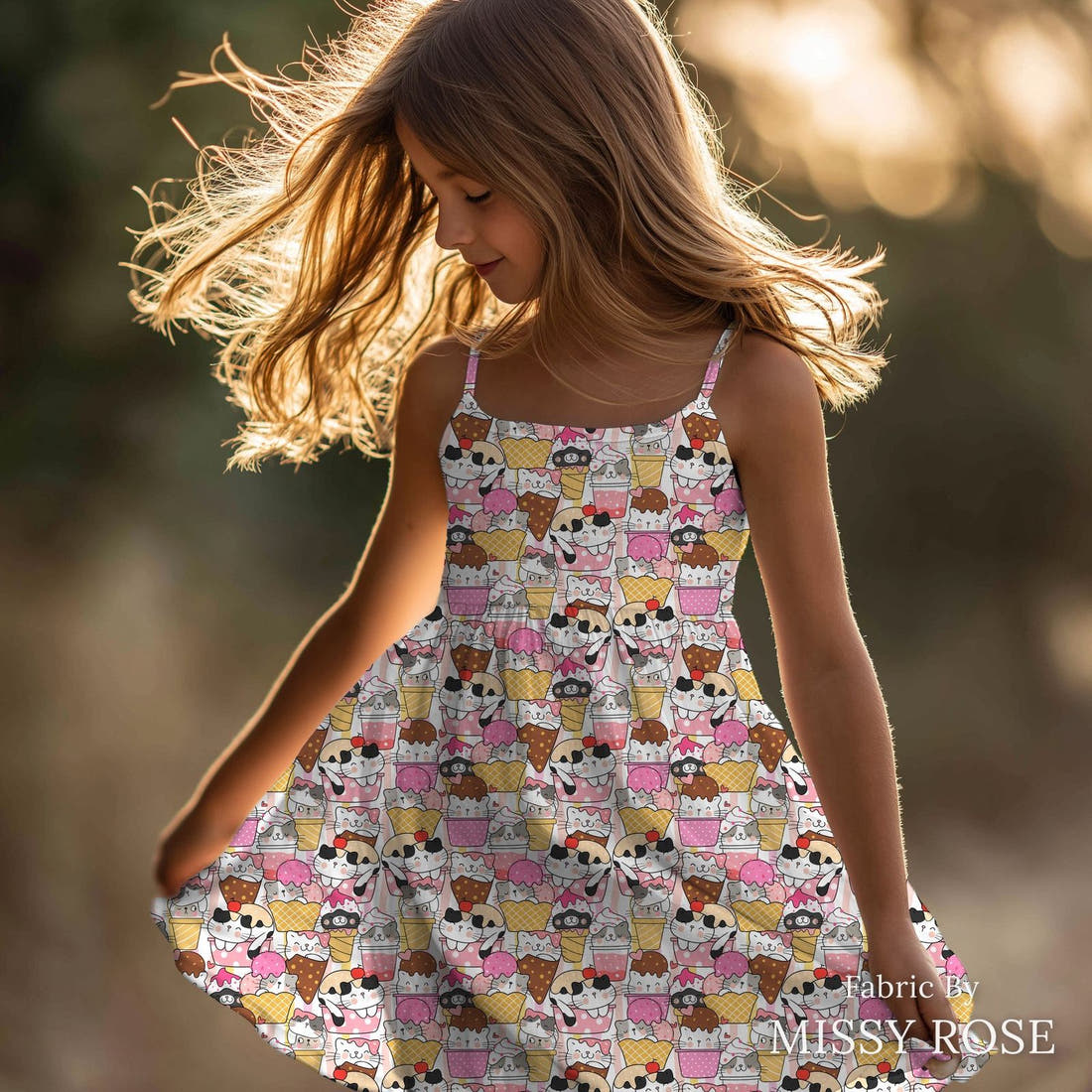 Design 229 Ice Cream Kitties Fabric sewn into a girls' dress – see how the print looks made up | Fabric by Missy Rose