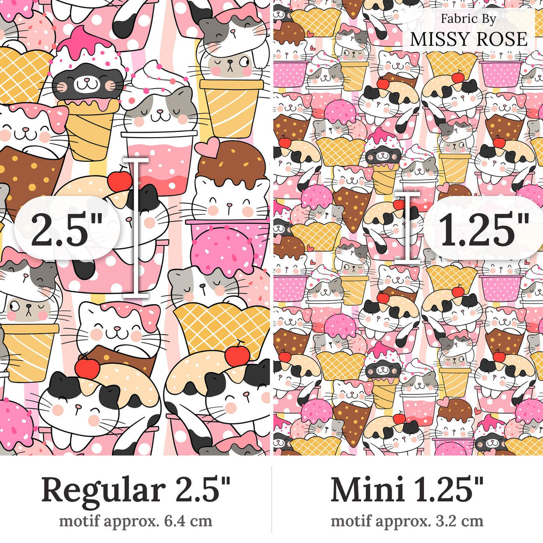 Design 229 Ice Cream Kitties Fabric Regular 2.5 inch vs Mini 1.25 inch print scale side by side | Fabric by Missy Rose