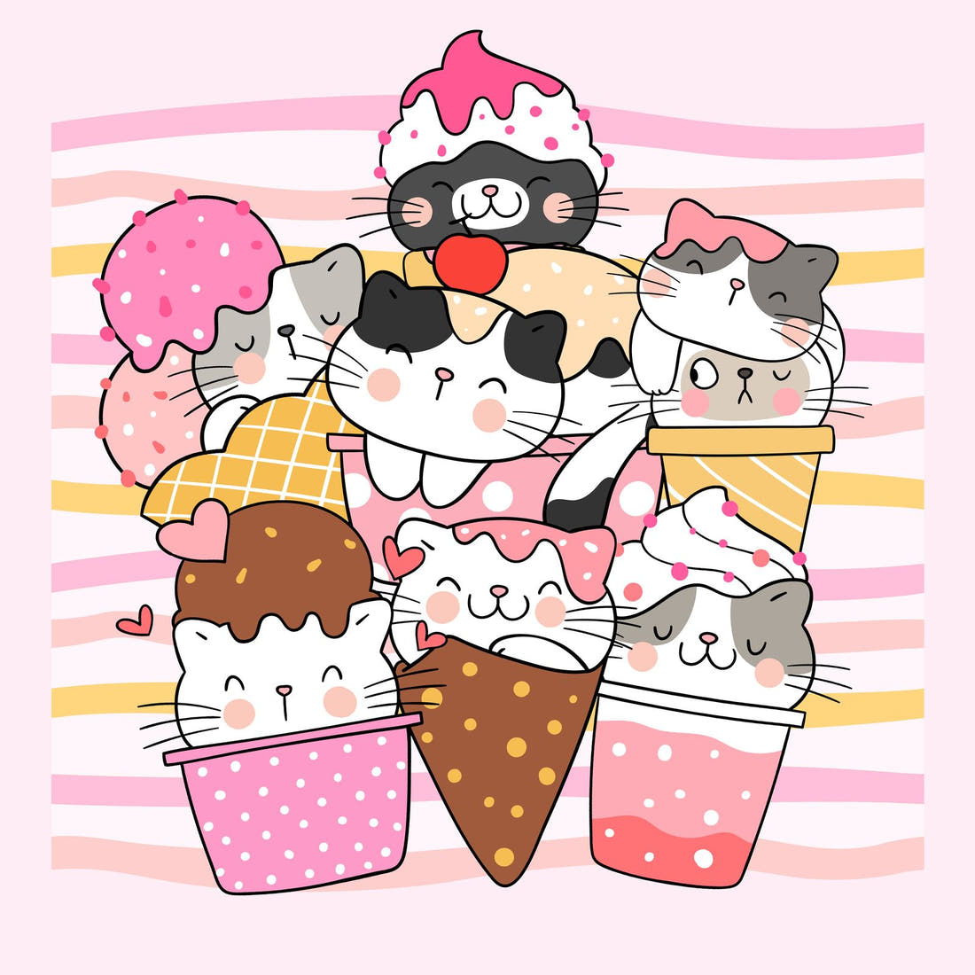 Design 229 Ice Cream Kitties Panel – full artwork close-up of the printed picture | Fabric by Missy Rose