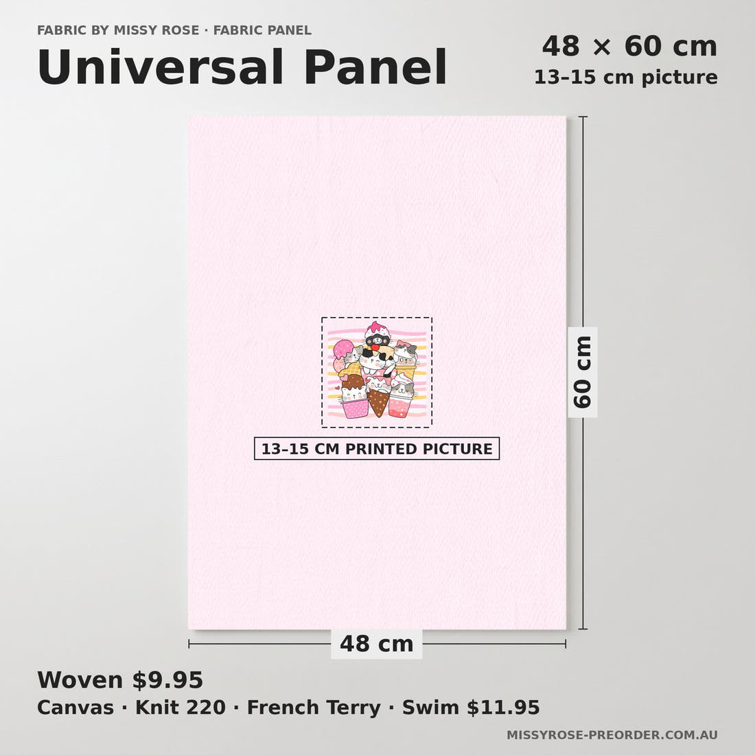 Design 229 Ice Cream Kitties Panel universal panel sizing – 13–15 cm printed picture on 48 × 60 cm fabric | Fabric by Missy Rose