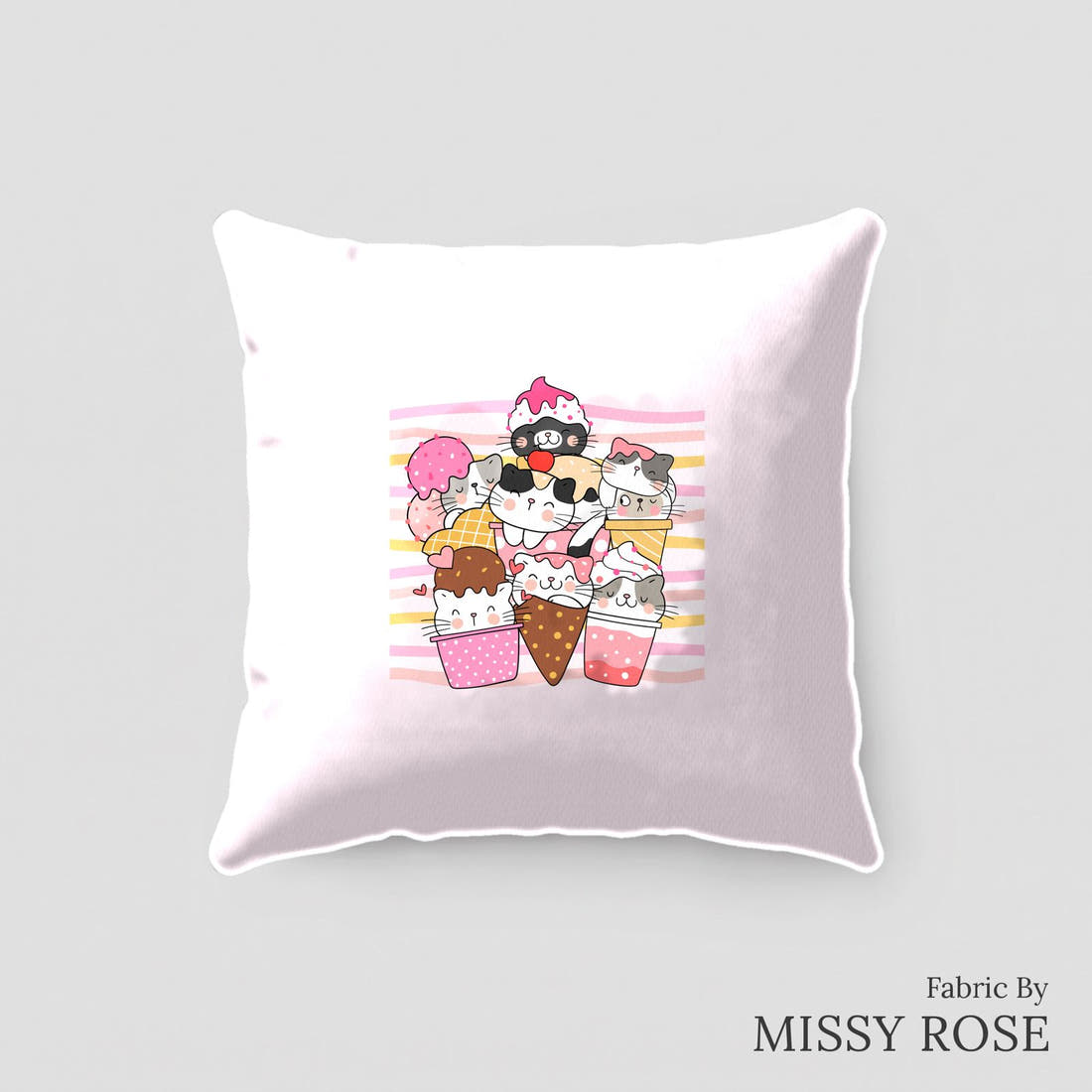 Design 229 Ice Cream Kitties Panel sewn into a cushion – see how the panel looks made up | Fabric by Missy Rose