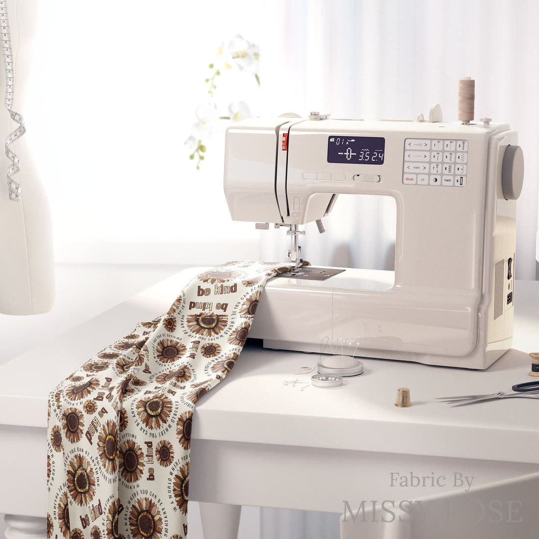 Design 23 Be Kind Fabric on a sewing machine – premium fabric for sewing projects | Fabric by Missy Rose