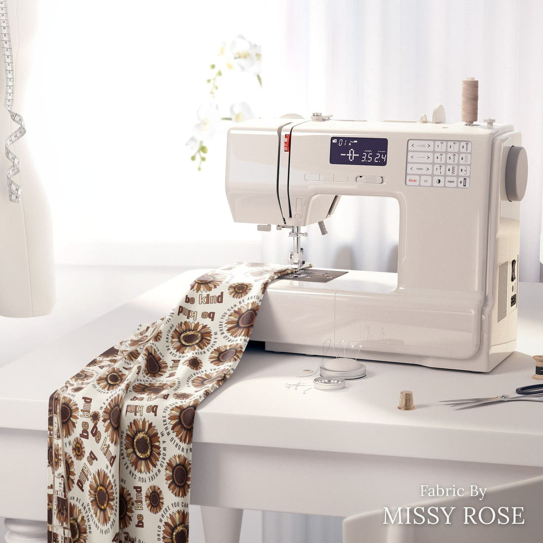 Design 23 Be Kind Fabric on a sewing machine – premium fabric for sewing projects | Fabric by Missy Rose