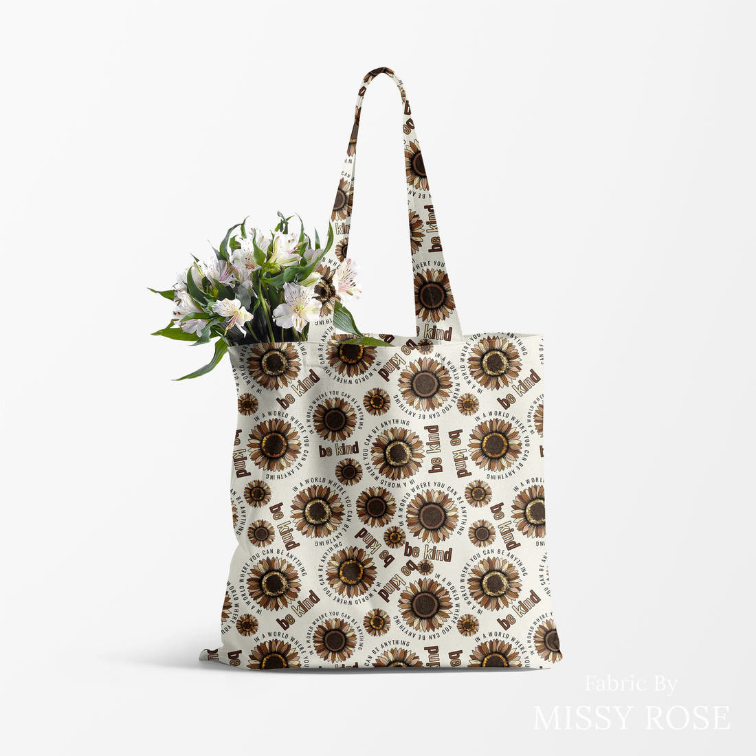 Design 23 Be Kind Fabric made up as a tote bag – see how the print looks made up | Fabric by Missy Rose