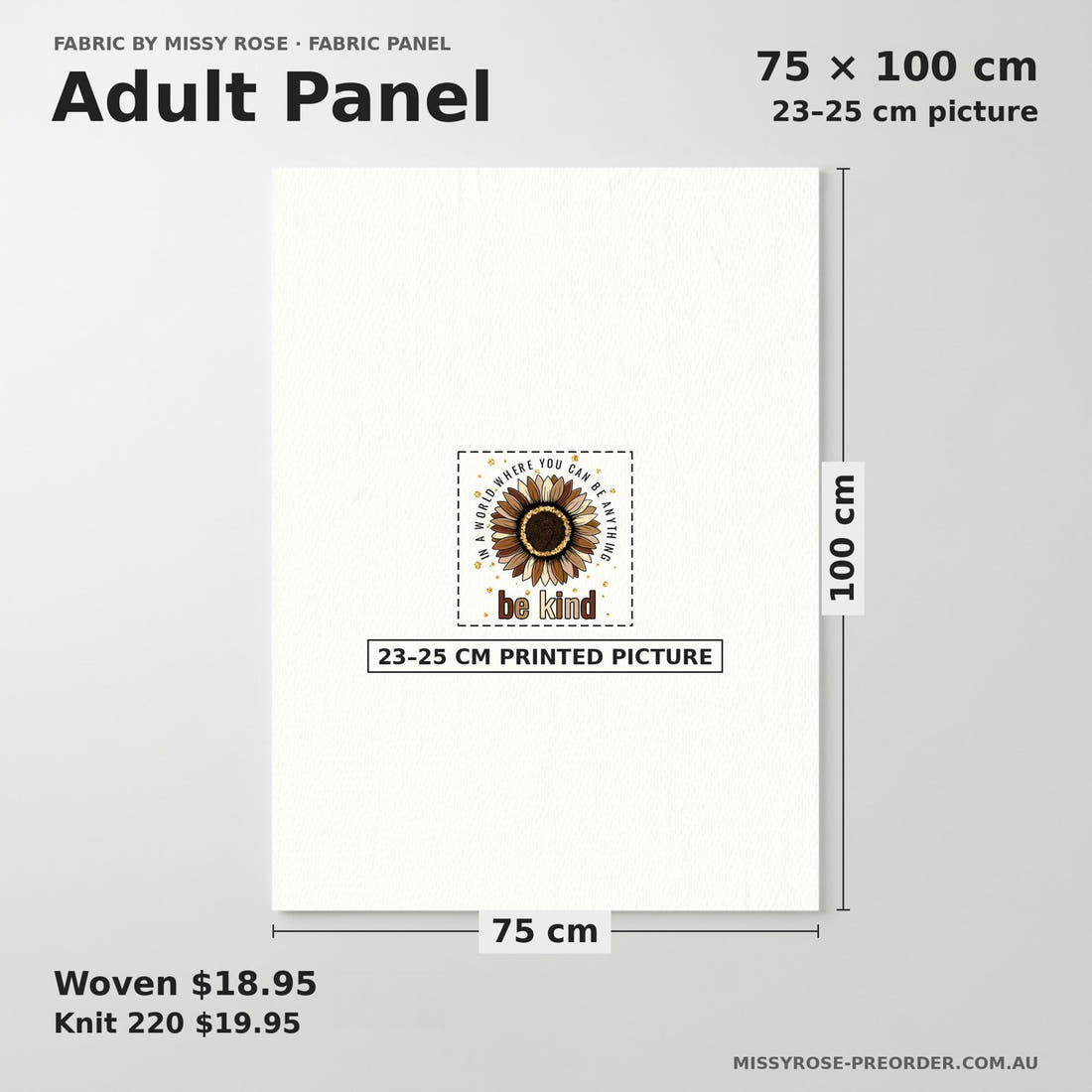 Design 23 Be Kind Panel adult panel sizing – 23–25 cm printed picture on 75 × 100 cm fabric | Fabric by Missy Rose