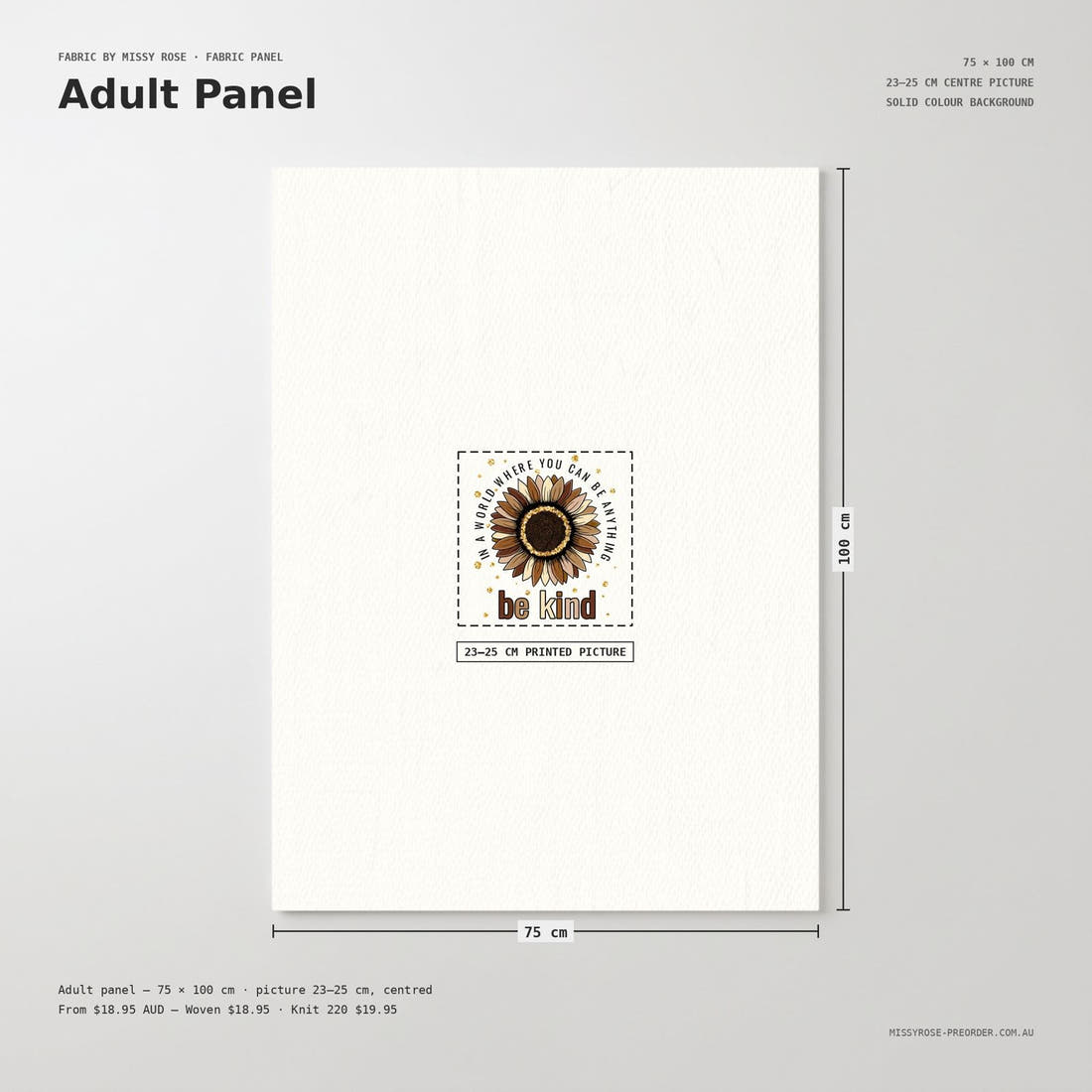 Design 23 Be Kind Panel adult panel sizing – 23–25 cm printed picture on a larger panel | Fabric by Missy Rose