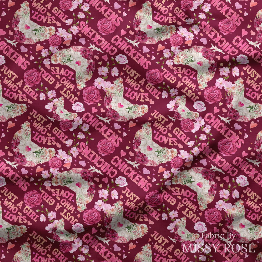 Design 230 Chickens Fabric draped fabric mockup – custom printed fabric by the metre | Fabric by Missy Rose