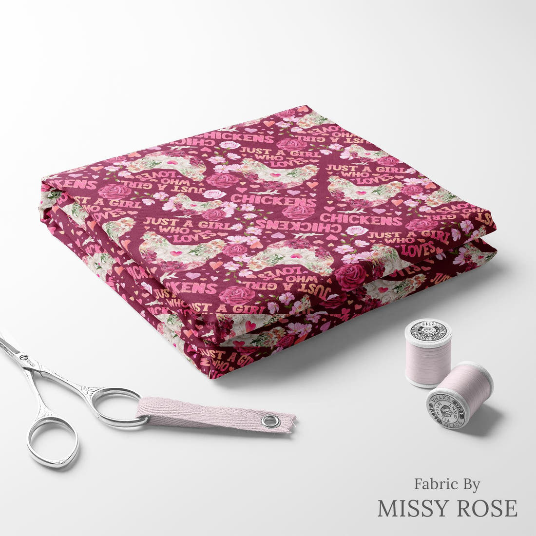 Design 230 Chickens Fabric folded fabric stack with matching thread – pre-order fabric Australia | Fabric by Missy Rose