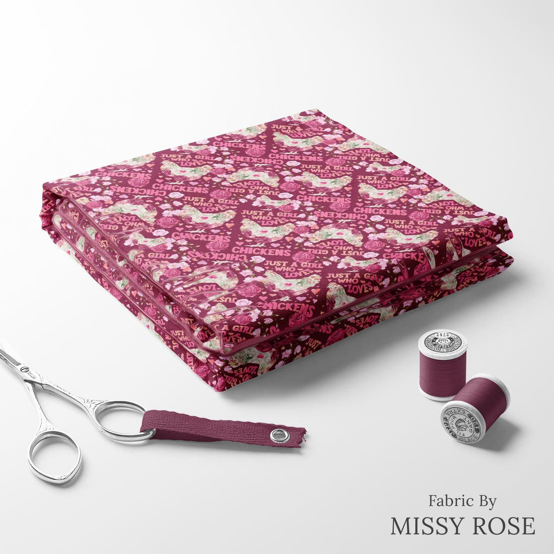 Design 230 Chickens Fabric folded fabric stack with matching thread – pre-order fabric Australia | Fabric by Missy Rose