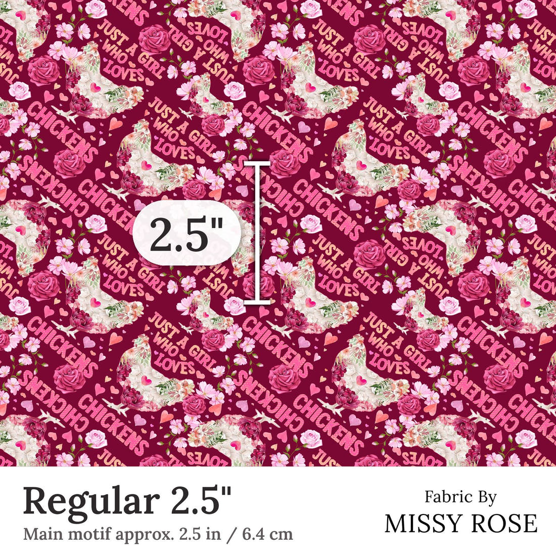 Design 230 Chickens Fabric Regular 2.5 inch print scale guide | Fabric by Missy Rose